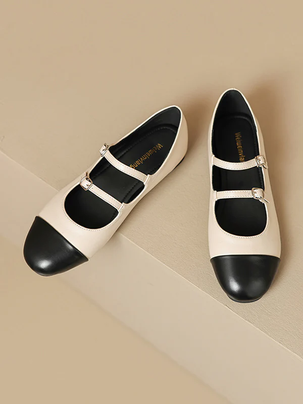 Belt Buckle Round-Toe Split-Joint Flat Shoes Mary Janes - Image 15