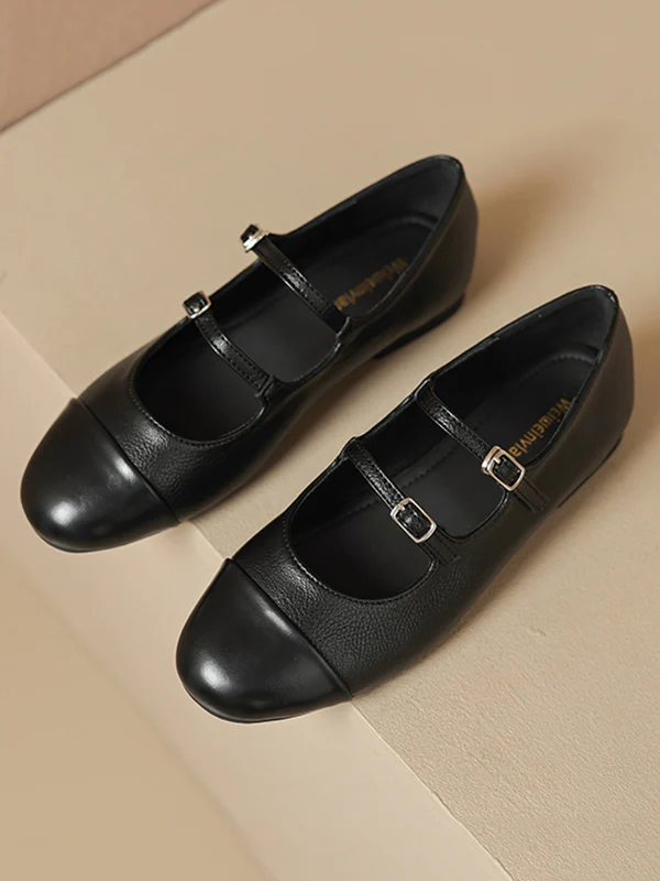 Belt Buckle Round-Toe Split-Joint Flat Shoes Mary Janes - Image 16