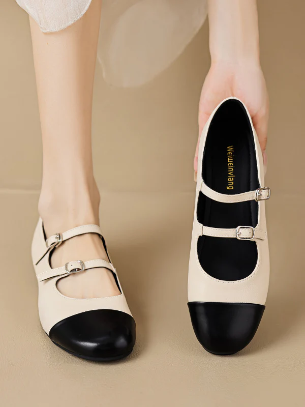 Belt Buckle Round-Toe Split-Joint Flat Shoes Mary Janes - Image 2