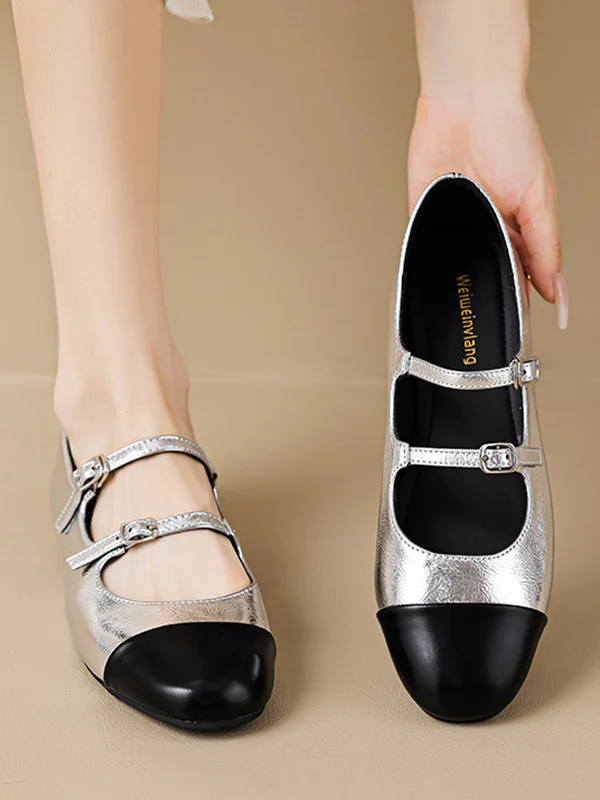 Belt Buckle Round-Toe Split-Joint Flat Shoes Mary Janes - Image 3