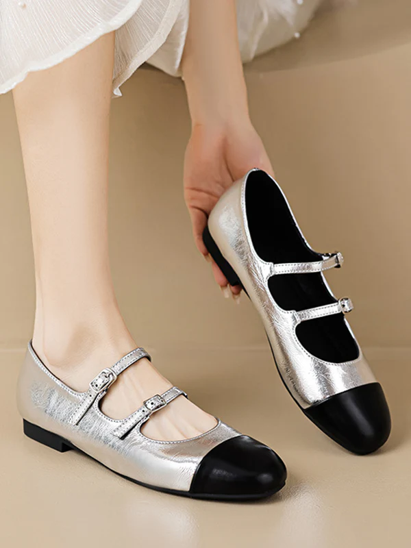 Belt Buckle Round-Toe Split-Joint Flat Shoes Mary Janes - Image 4