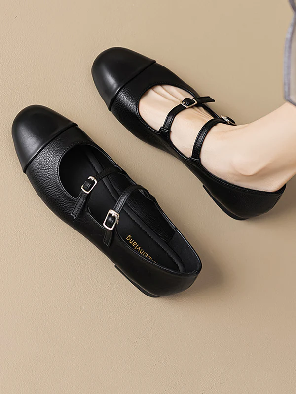 Belt Buckle Round-Toe Split-Joint Flat Shoes Mary Janes - Image 5