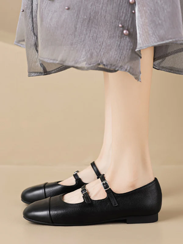 Belt Buckle Round-Toe Split-Joint Flat Shoes Mary Janes - Image 6