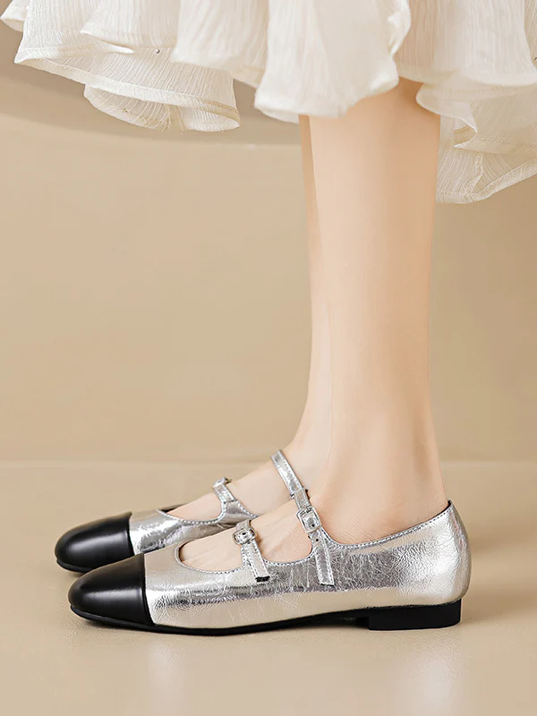 Belt Buckle Round-Toe Split-Joint Flat Shoes Mary Janes - Image 7