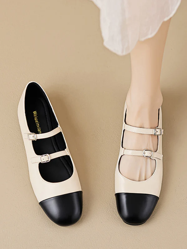 Belt Buckle Round-Toe Split-Joint Flat Shoes Mary Janes - Image 9