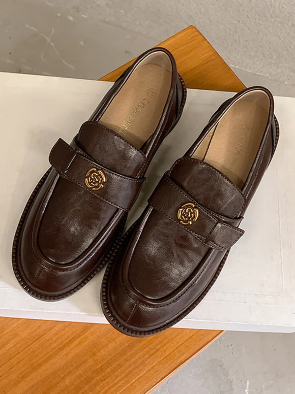Belt Buckle Round-Toe Split-Joint Loafers - Image 14