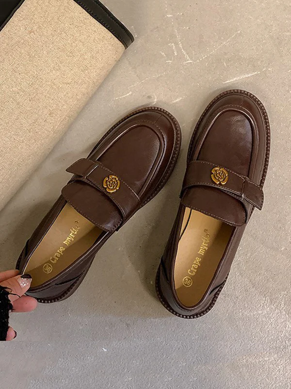 Belt Buckle Round-Toe Split-Joint Loafers - Image 15