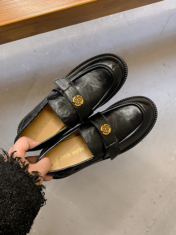Belt Buckle Round-Toe Split-Joint Loafers - Image 16