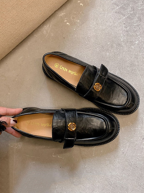 Belt Buckle Round-Toe Split-Joint Loafers - Image 17