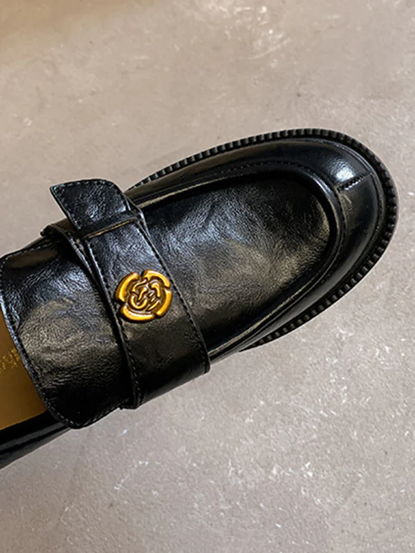 Belt Buckle Round-Toe Split-Joint Loafers - Image 19