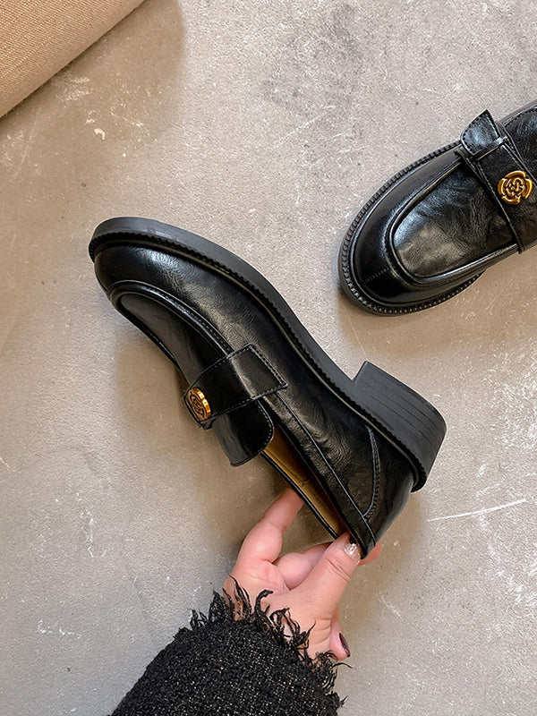 Belt Buckle Round-Toe Split-Joint Loafers - Image 23