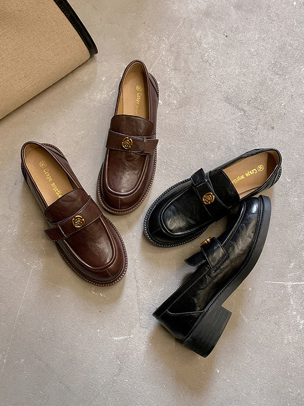 Belt Buckle Round-Toe Split-Joint Loafers - Image 24
