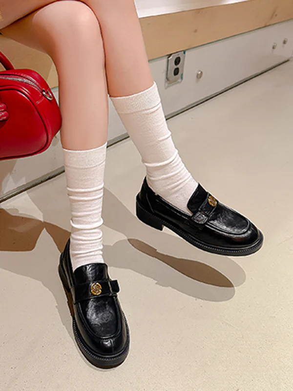 Belt Buckle Round-Toe Split-Joint Loafers - Image 5
