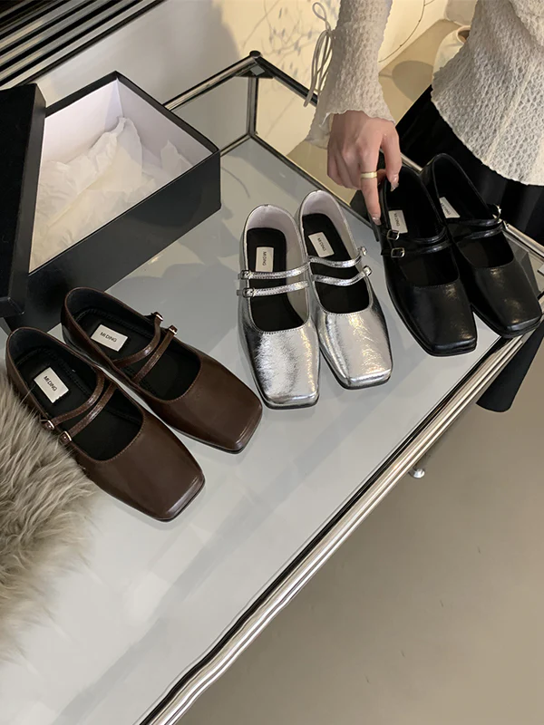 Belt Buckle Shallow Cut Split-Joint Square-Toe Flats Mary Janes - Image 12