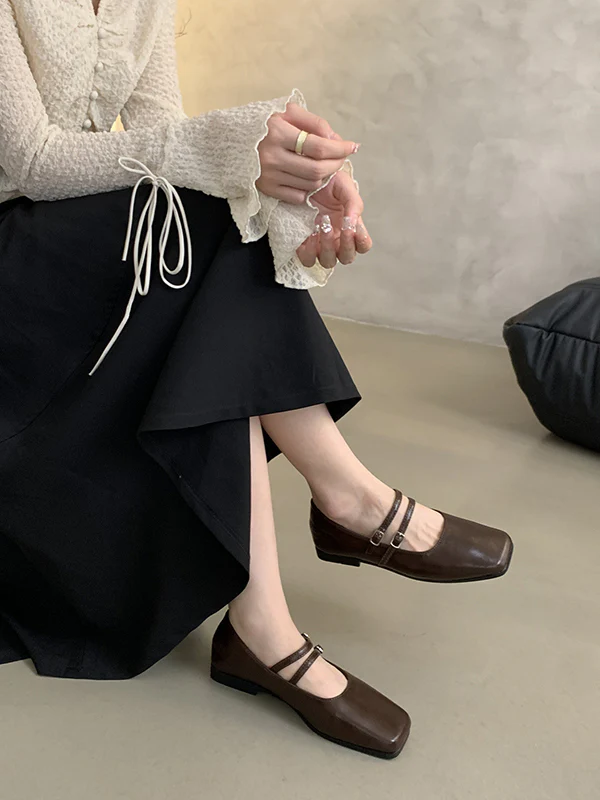 Belt Buckle Shallow Cut Split-Joint Square-Toe Flats Mary Janes - Image 2