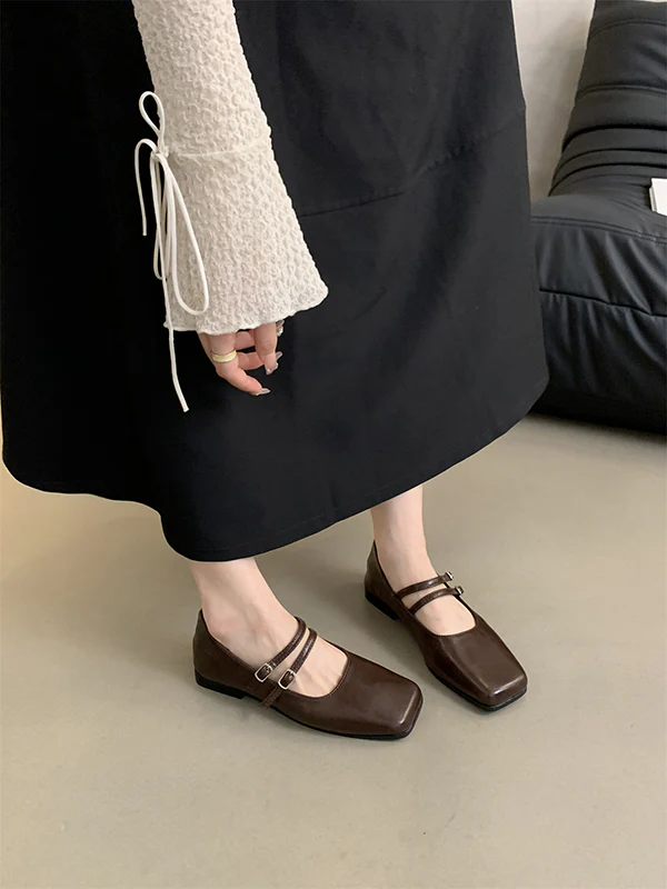 Belt Buckle Shallow Cut Split-Joint Square-Toe Flats Mary Janes - Image 3