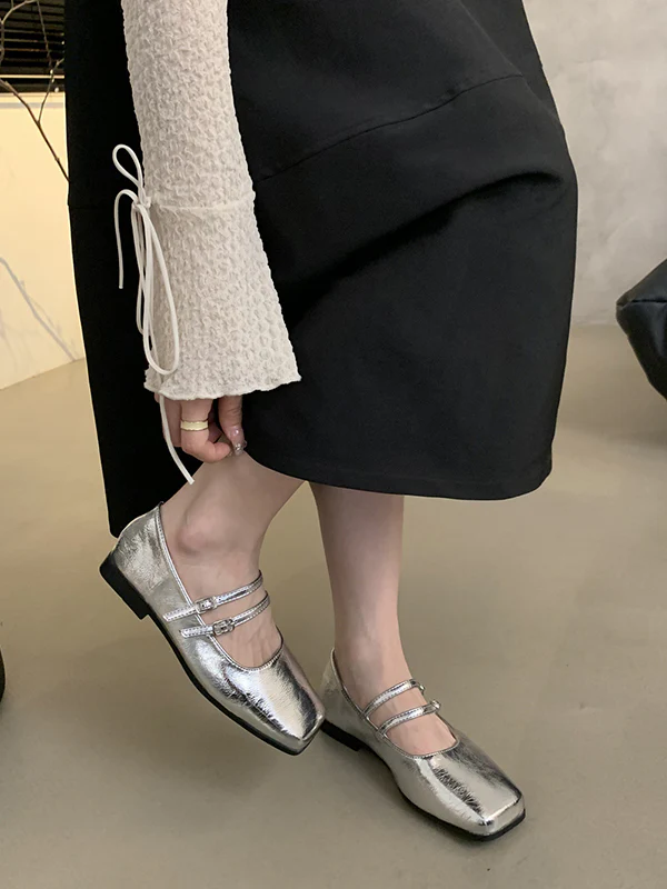 Belt Buckle Shallow Cut Split-Joint Square-Toe Flats Mary Janes - Image 4