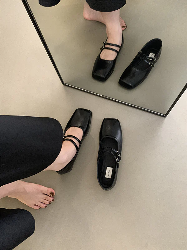 Belt Buckle Shallow Cut Split-Joint Square-Toe Flats Mary Janes - Image 7