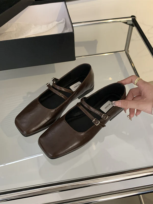 Belt Buckle Shallow Cut Split-Joint Square-Toe Flats Mary Janes - Image 8