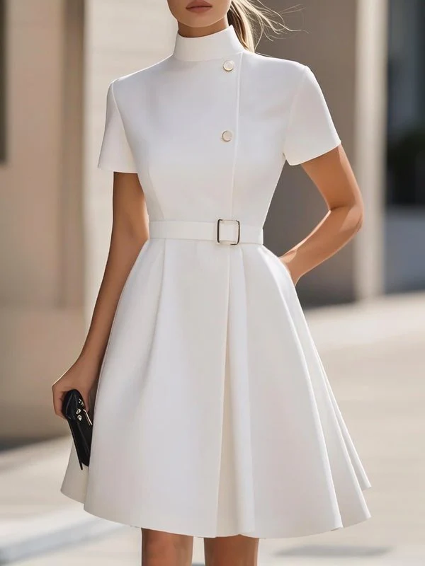 Short Sleeves Belted Buttoned Solid Color Stand Collar Mini Dresses