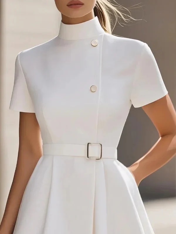 Short Sleeves Belted Buttoned Solid Color Stand Collar Mini Dresses - Image 2