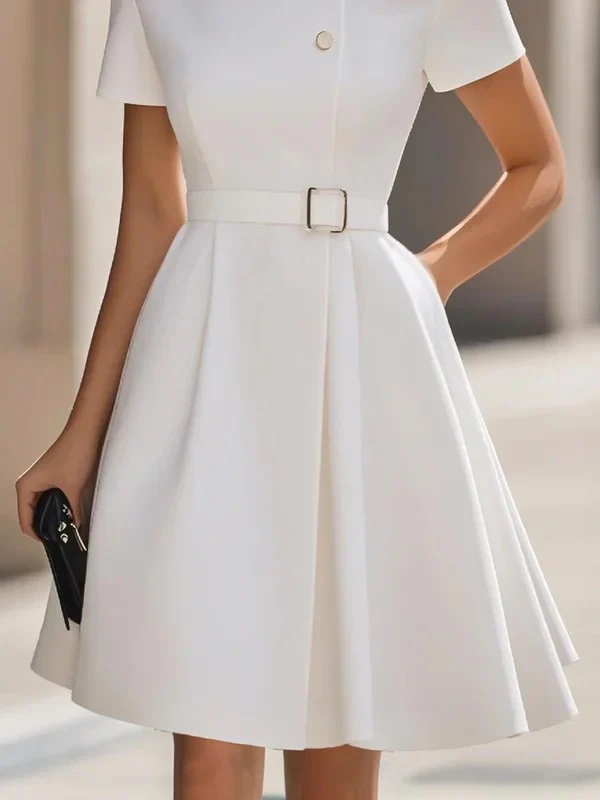 Short Sleeves Belted Buttoned Solid Color Stand Collar Mini Dresses - Image 3
