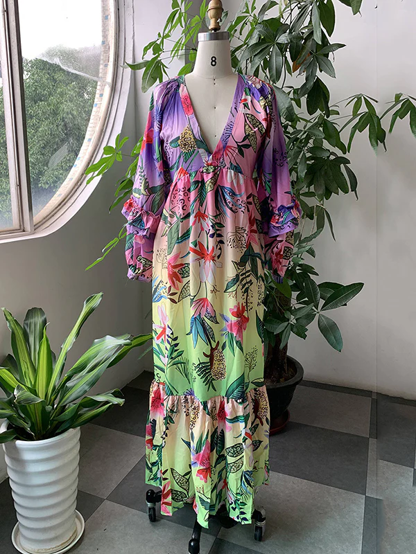 Bishop Sleeve High Waisted Flower Print Pleated Ruffled Split-Joint Deep V-Neck Maxi Dresses - Image 3