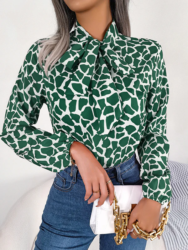Bishop Sleeve Long Sleeves Bow-Embellished Elasticity Tied Mock Neck Blouses&Shirts Tops - Image 10