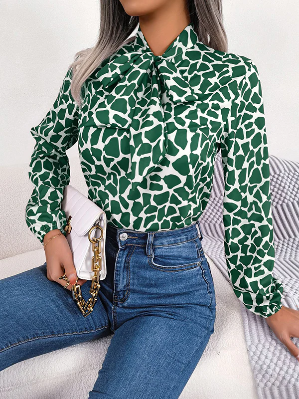 Bishop Sleeve Long Sleeves Bow-Embellished Elasticity Tied Mock Neck Blouses&Shirts Tops - Image 11