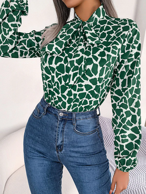 Bishop Sleeve Long Sleeves Bow-Embellished Elasticity Tied Mock Neck Blouses&Shirts Tops - Image 12