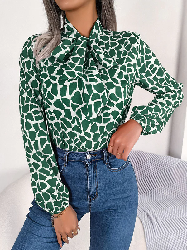 Bishop Sleeve Long Sleeves Bow-Embellished Elasticity Tied Mock Neck Blouses&Shirts Tops - Image 2