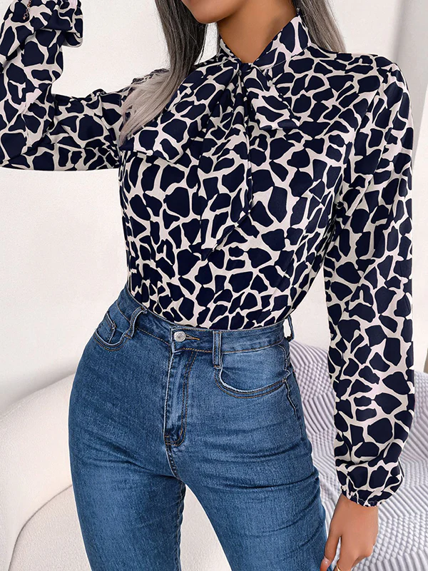 Bishop Sleeve Long Sleeves Bow-Embellished Elasticity Tied Mock Neck Blouses&Shirts Tops - Image 3