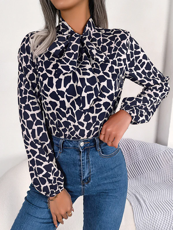 Bishop Sleeve Long Sleeves Bow-Embellished Elasticity Tied Mock Neck Blouses&Shirts Tops - Image 4