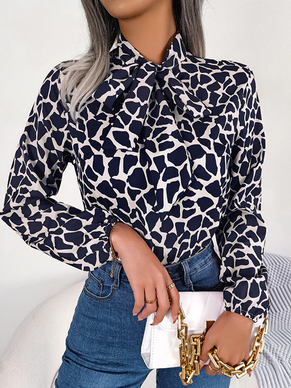 Bishop Sleeve Long Sleeves Bow-Embellished Elasticity Tied Mock Neck Blouses&Shirts Tops - Image 5