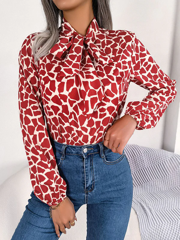 Bishop Sleeve Long Sleeves Bow-Embellished Elasticity Tied Mock Neck Blouses&Shirts Tops - Image 7