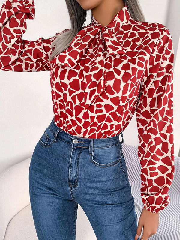Bishop Sleeve Long Sleeves Bow-Embellished Elasticity Tied Mock Neck Blouses&Shirts Tops - Image 8