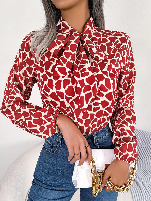 Bishop Sleeve Long Sleeves Bow-Embellished Elasticity Tied Mock Neck Blouses&Shirts Tops - Image 9
