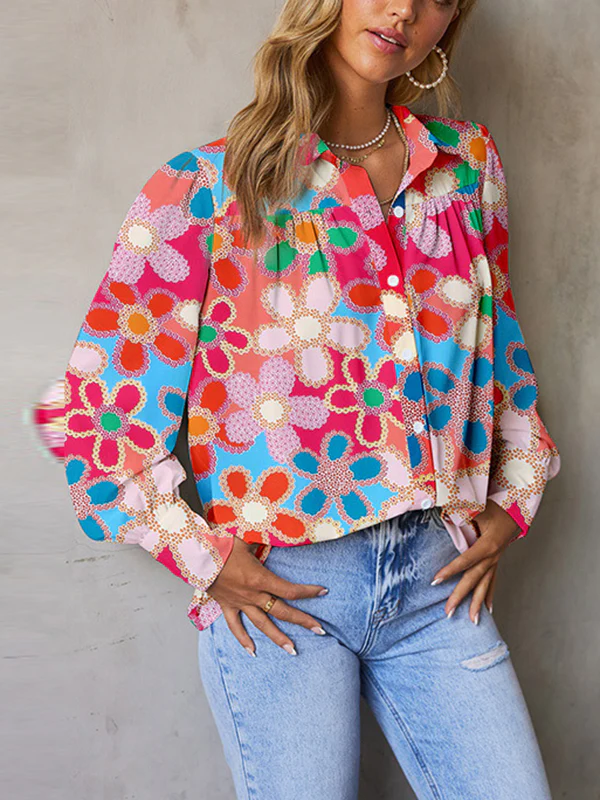 Bishop Sleeve Long Sleeves Buttoned Flower Print Lapel Blouses&Shirts Tops - Image 2