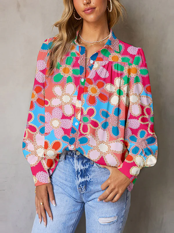 Bishop Sleeve Long Sleeves Buttoned Flower Print Lapel Blouses&Shirts Tops - Image 3