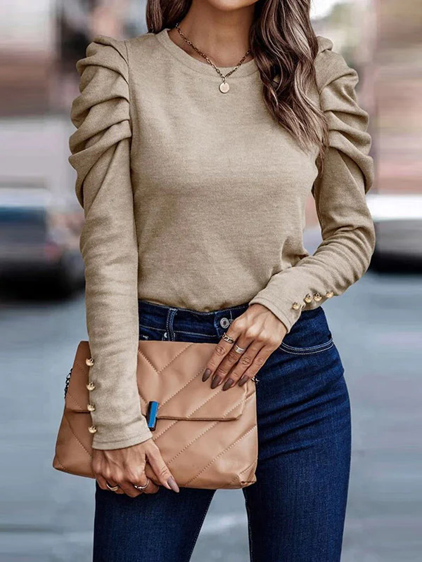 Bishop Sleeve Long Sleeves Buttoned Pleated Round-Neck T-Shirts Tops - Image 2