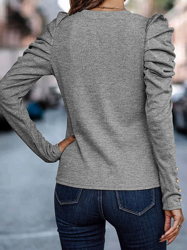 Bishop Sleeve Long Sleeves Buttoned Pleated Round-Neck T-Shirts Tops - Image 6