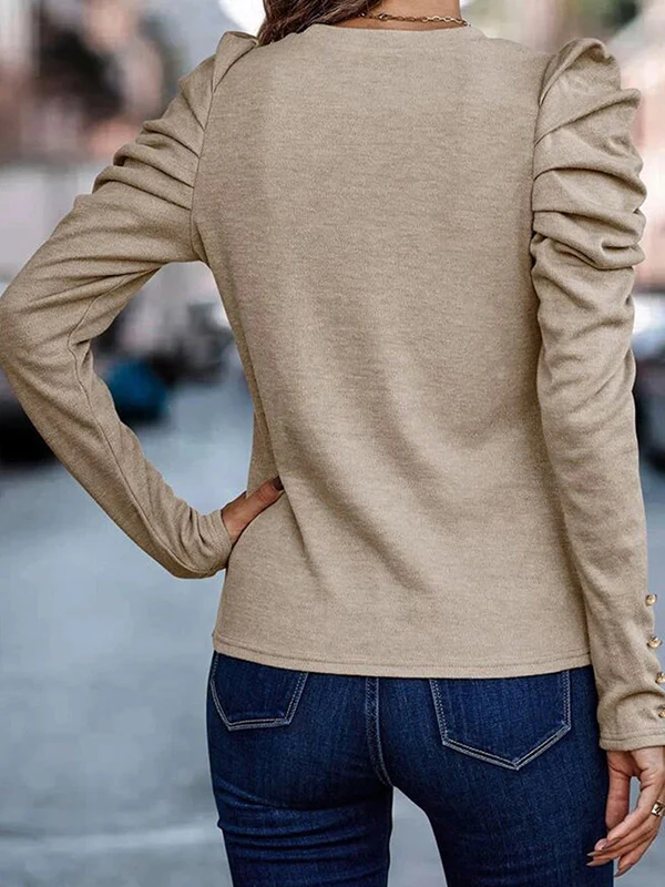 Bishop Sleeve Long Sleeves Buttoned Pleated Round-Neck T-Shirts Tops - Image 7