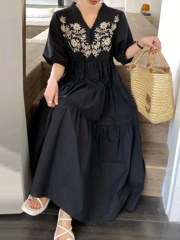 Bishop Sleeve Loose Embroidered Pleated V-Neck Midi Dresses - Image 2