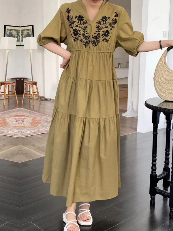 Bishop Sleeve Loose Embroidered Pleated V-Neck Midi Dresses - Image 3