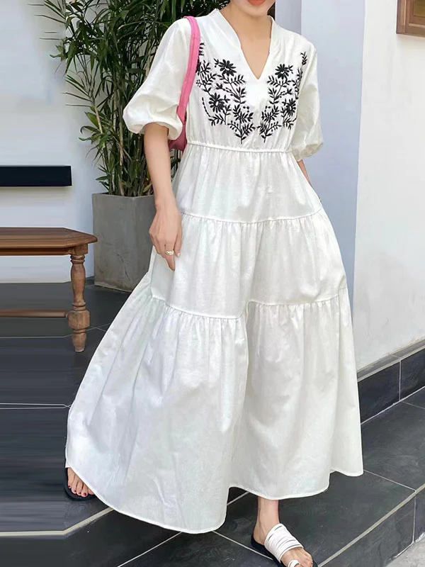 Bishop Sleeve Loose Embroidered Pleated V-Neck Midi Dresses - Image 4