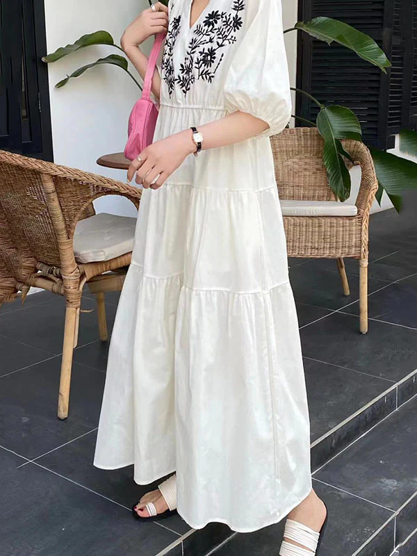 Bishop Sleeve Loose Embroidered Pleated V-Neck Midi Dresses - Image 5