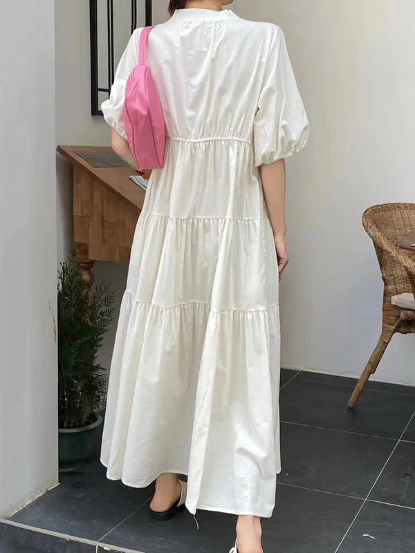 Bishop Sleeve Loose Embroidered Pleated V-Neck Midi Dresses - Image 6