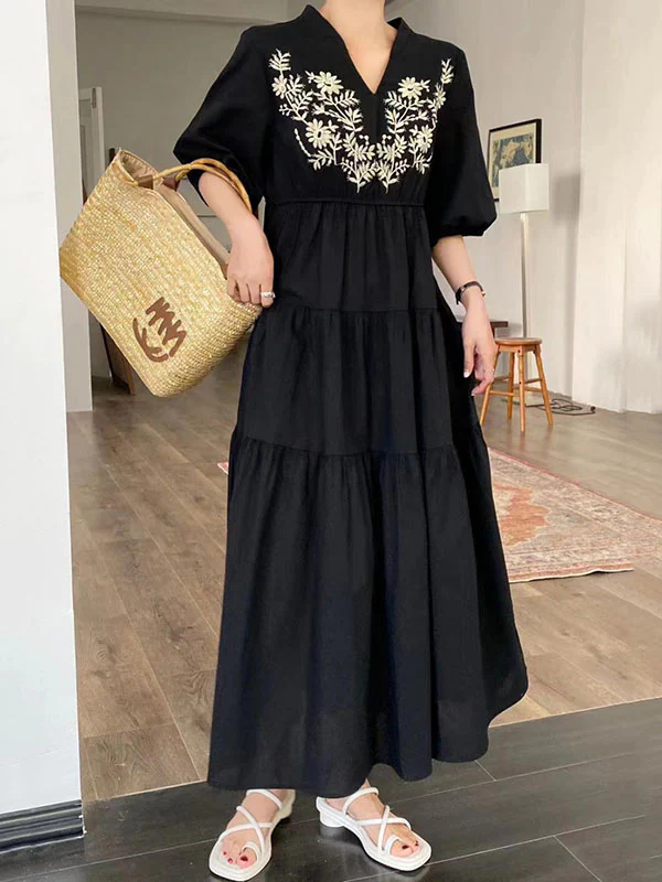 Bishop Sleeve Loose Embroidered Pleated V-Neck Midi Dresses - Image 7