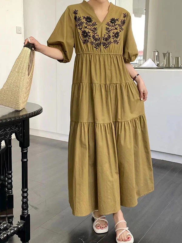 Bishop Sleeve Loose Embroidered Pleated V-Neck Midi Dresses - Image 8