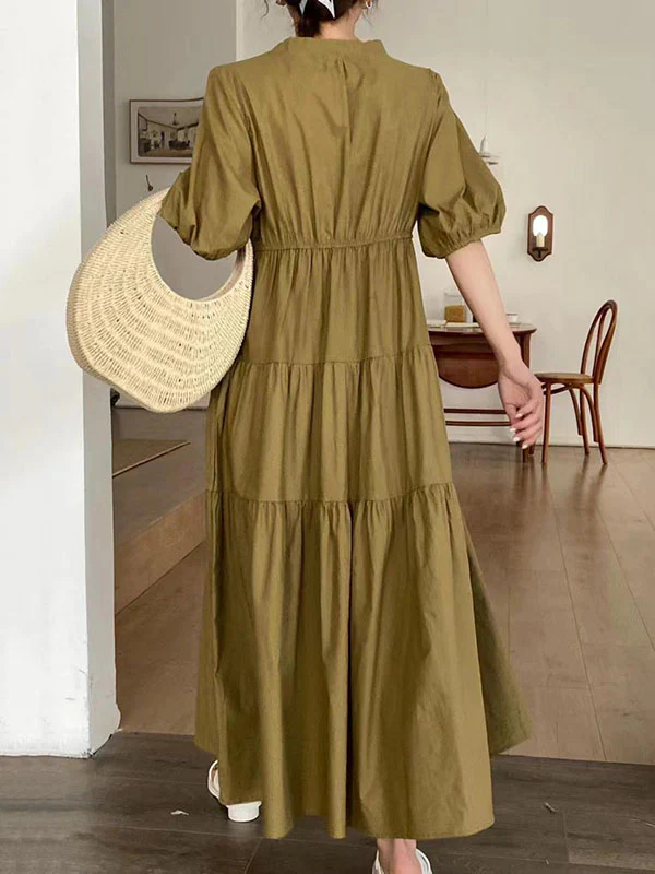 Bishop Sleeve Loose Embroidered Pleated V-Neck Midi Dresses - Image 9
